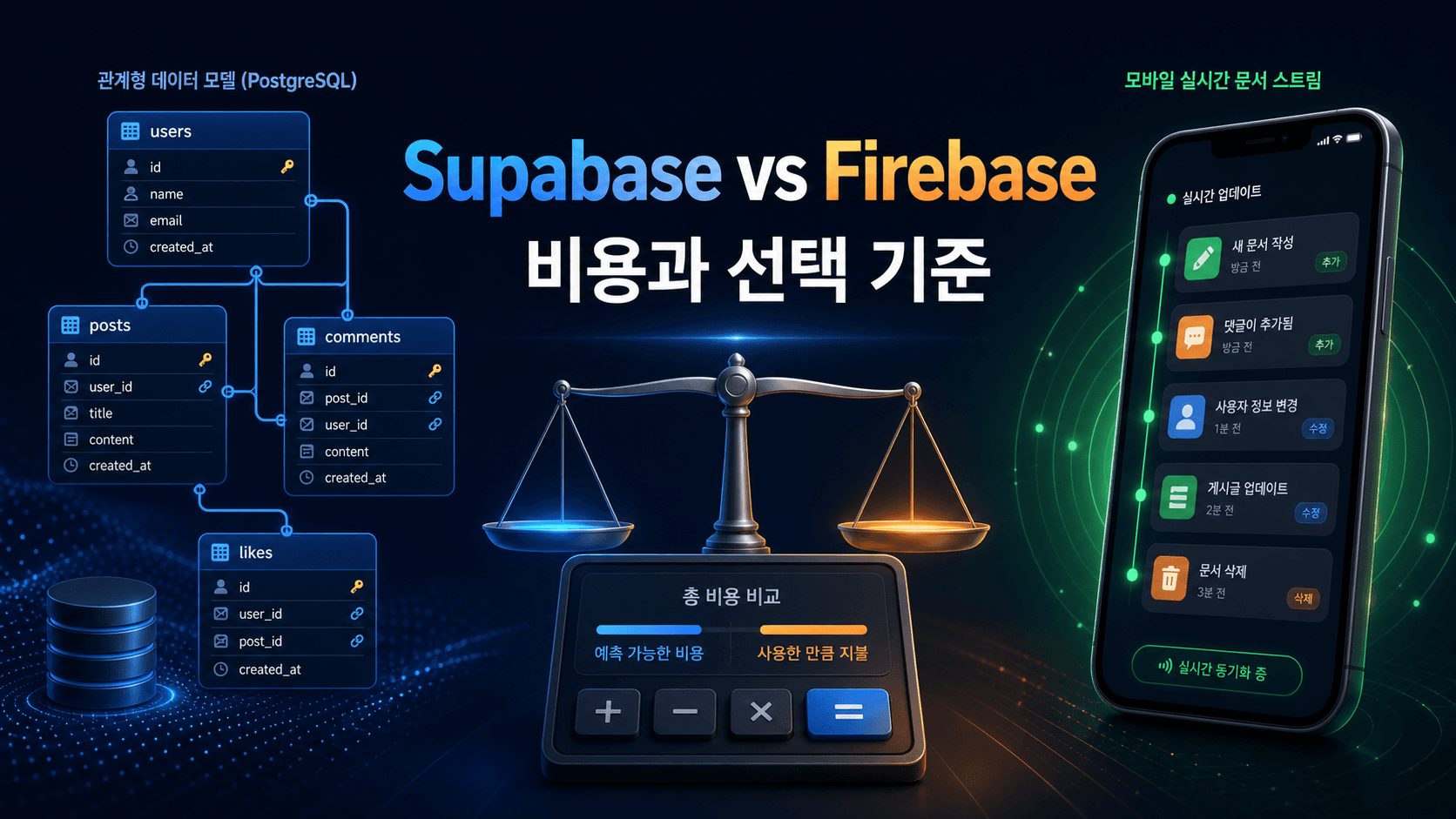 Supabase vs Firebase 비용 비교 2026: 무료 한도와 프로젝트별 선택 기준